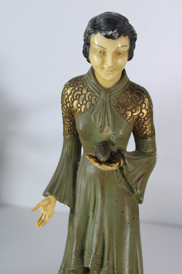 Antique art deco marble spelter lady goose bird sculpture statue