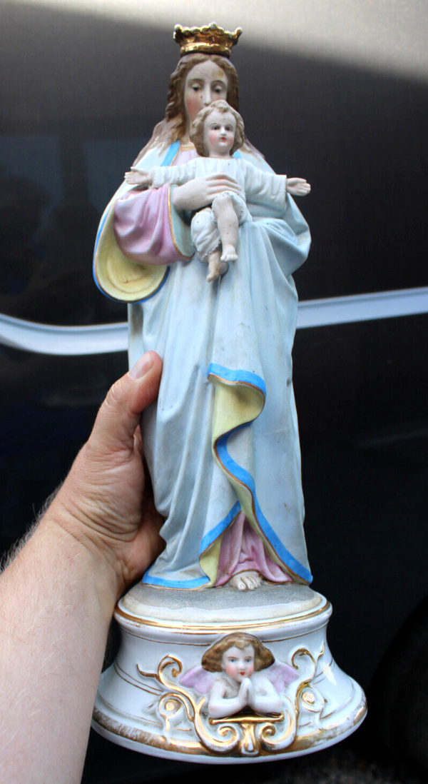 Antique Belgian vieux andenne porcelain bisque madonna angel statue rare