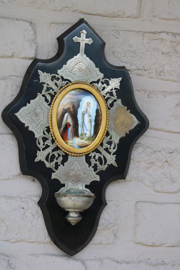 Antique LOURDES Bernadette porcelain medaillon marble plaque holy water font