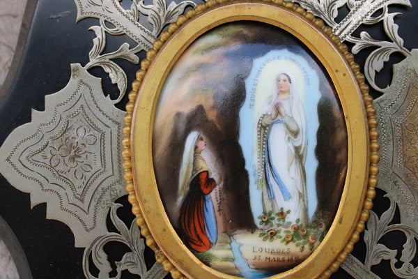Antique LOURDES Bernadette porcelain medaillon marble plaque holy water font