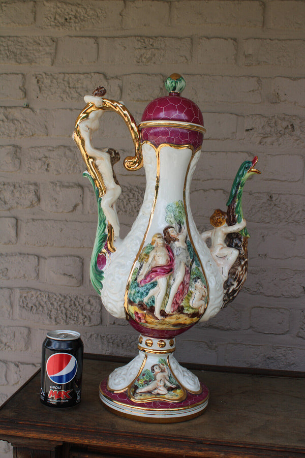 XL capodimonte porcelain marked pitcher ewer swan cherub putti figurine rare