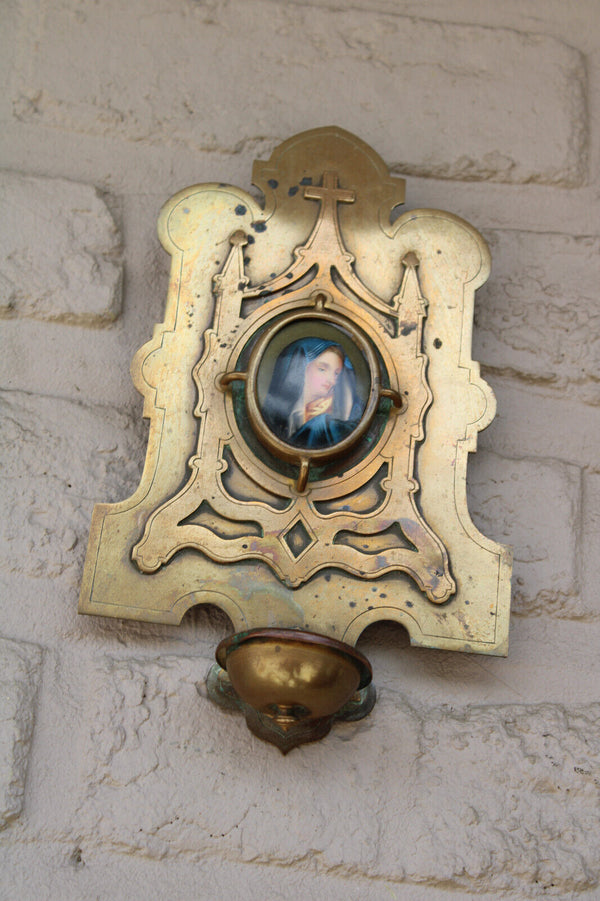 antique brass porcelain hand paint medaillon madonna portrait holy water font