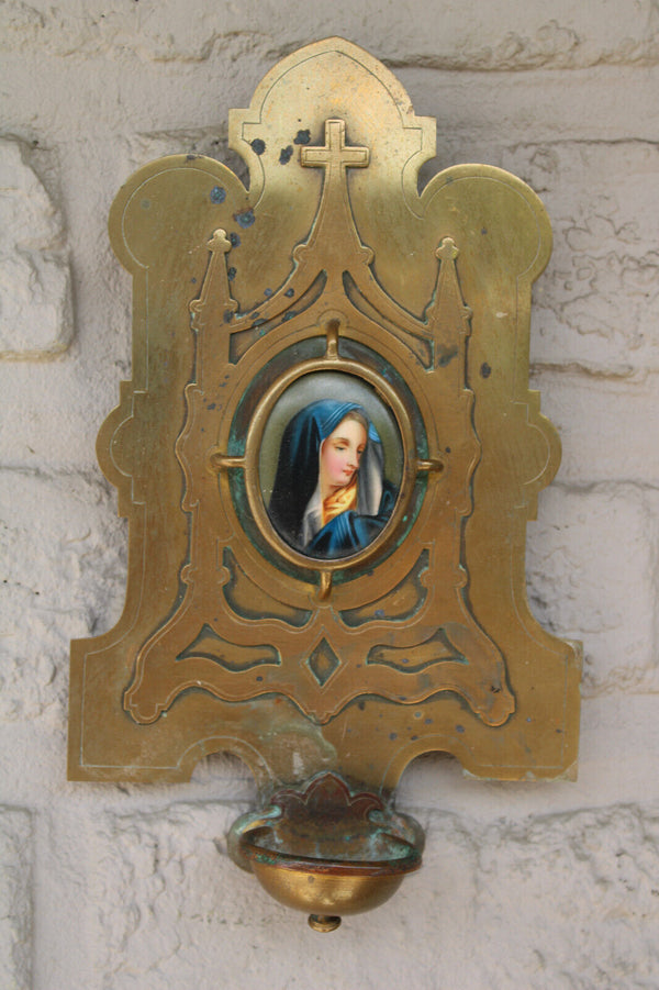 antique brass porcelain hand paint medaillon madonna portrait holy water font