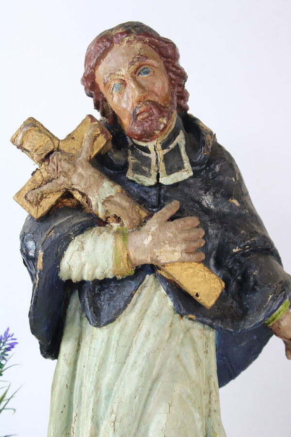 Rare antique John of Nepomuk Wood carved polychrome statue sculpture 18thc