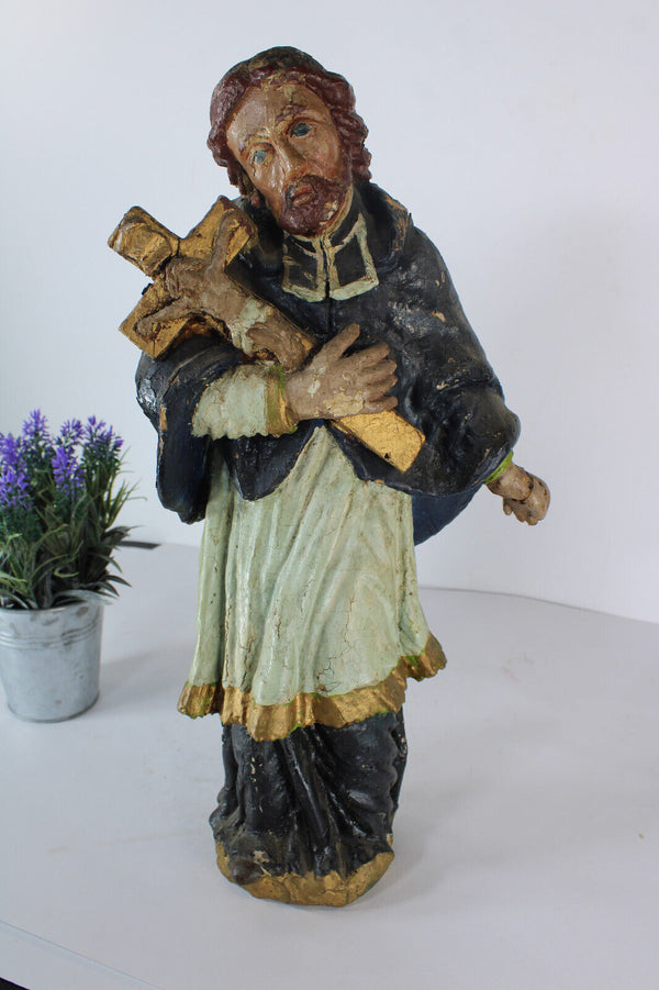 Rare antique John of Nepomuk Wood carved polychrome statue sculpture 18thc