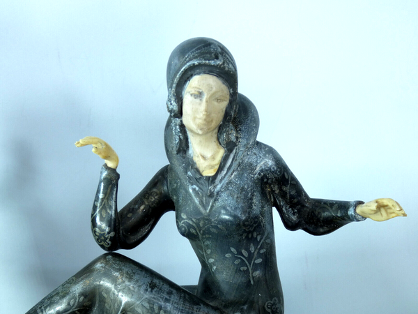 Antique art deco marble spelter lady dog barzoi  sculpture statue
