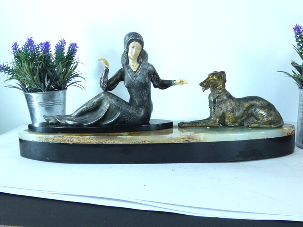 Antique art deco marble spelter lady dog barzoi  sculpture statue