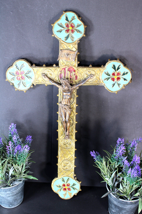 Antique MEtal enamel Wood crucifix rare