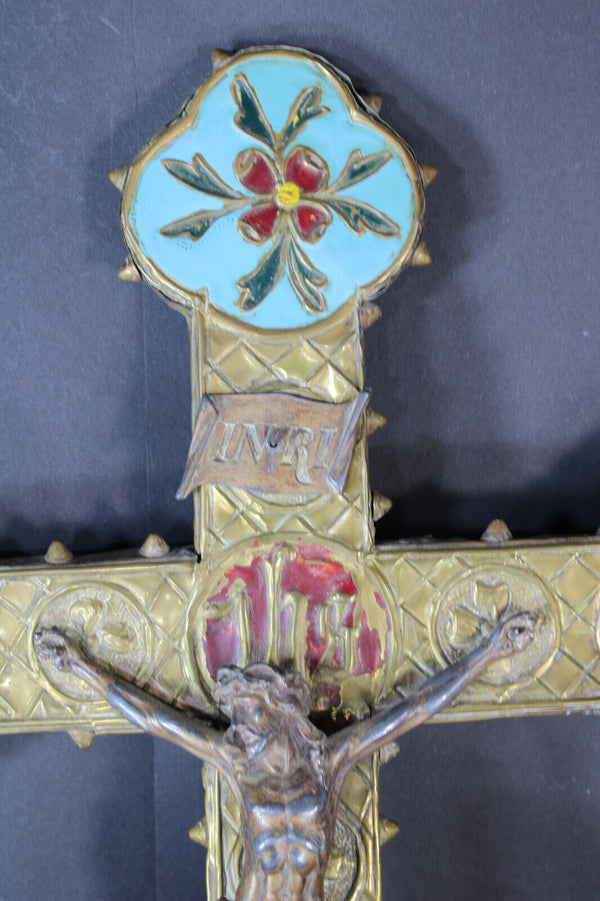 Antique MEtal enamel Wood crucifix rare