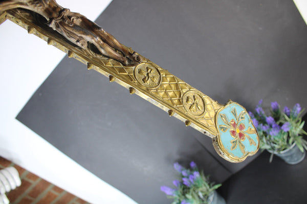 Antique MEtal enamel Wood crucifix rare