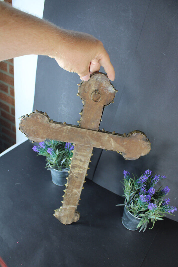 Antique MEtal enamel Wood crucifix rare