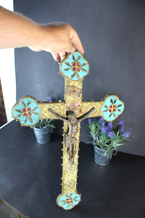 Antique MEtal enamel Wood crucifix rare