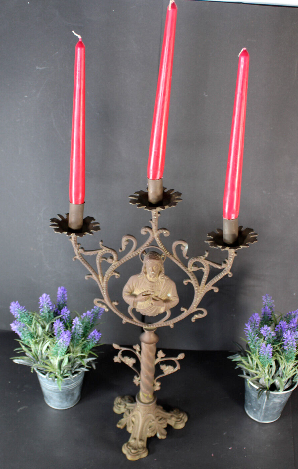Antique bronze sacred heart christ candelabra candleholder 3 arms