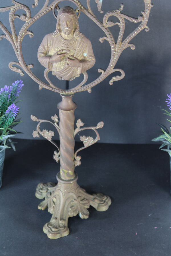 Antique bronze sacred heart christ candelabra candleholder 3 arms