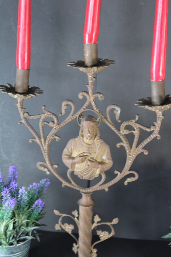 Antique bronze sacred heart christ candelabra candleholder 3 arms