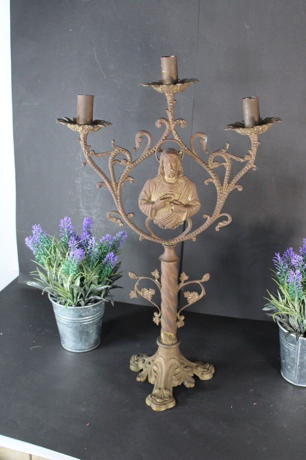 Antique bronze sacred heart christ candelabra candleholder 3 arms