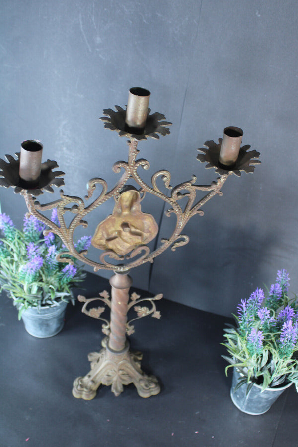 Antique bronze sacred heart christ candelabra candleholder 3 arms