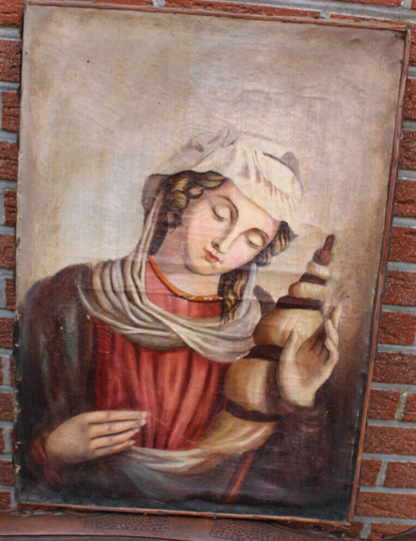 Antique 19thc oil canvas painting SAINT joan of arc banner religious rare