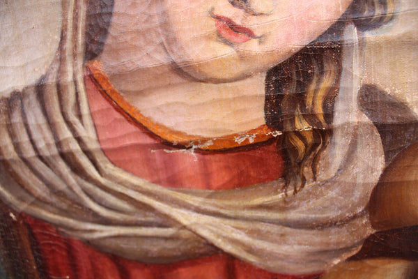Antique 19thc oil canvas painting SAINT joan of arc banner religious rare