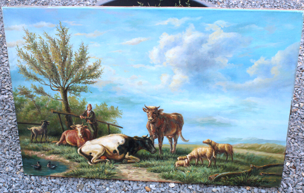 Vintage Flanders school oil canvas painting cows sheperd field signed quidousse