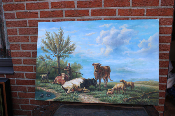 Vintage Flanders school oil canvas painting cows sheperd field signed quidousse