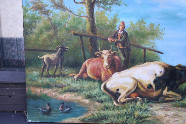 Vintage Flanders school oil canvas painting cows sheperd field signed quidousse