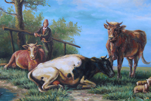 Vintage Flanders school oil canvas painting cows sheperd field signed quidousse