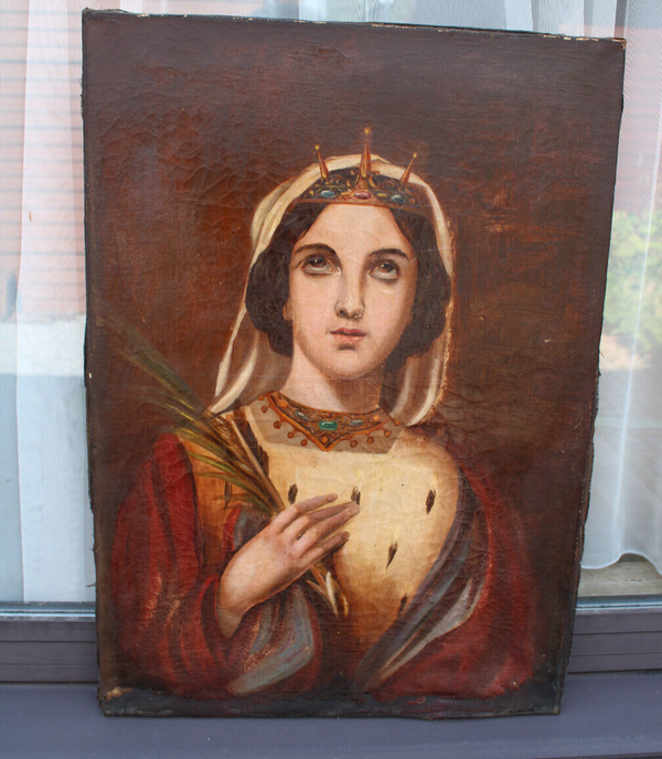 Antique 19thc oil canvas painting SAINT URSULA martyrs palm leaf rare religious