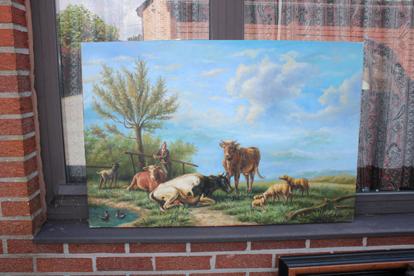 Vintage Flanders school oil canvas painting cows sheperd field signed quidousse