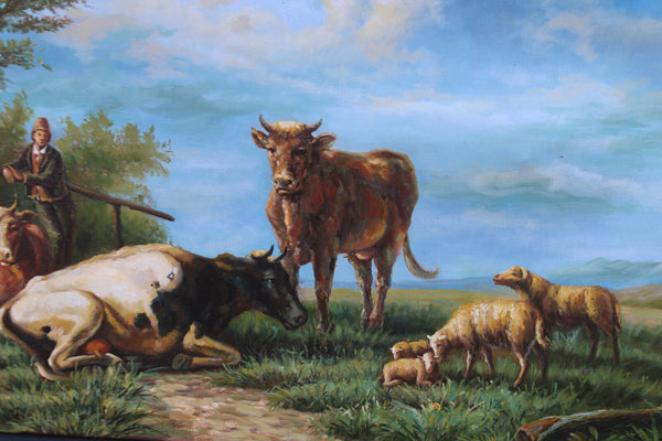 Vintage Flanders school oil canvas painting cows sheperd field signed quidousse