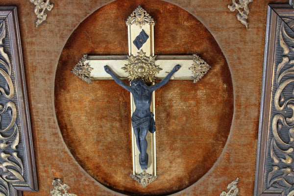 Antique Flemish wood carved frame crucifix plaque panel religious