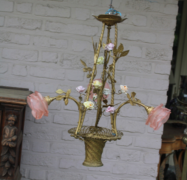 Vintage French brass basket porcelain flowers chandelier pink glass shades rare