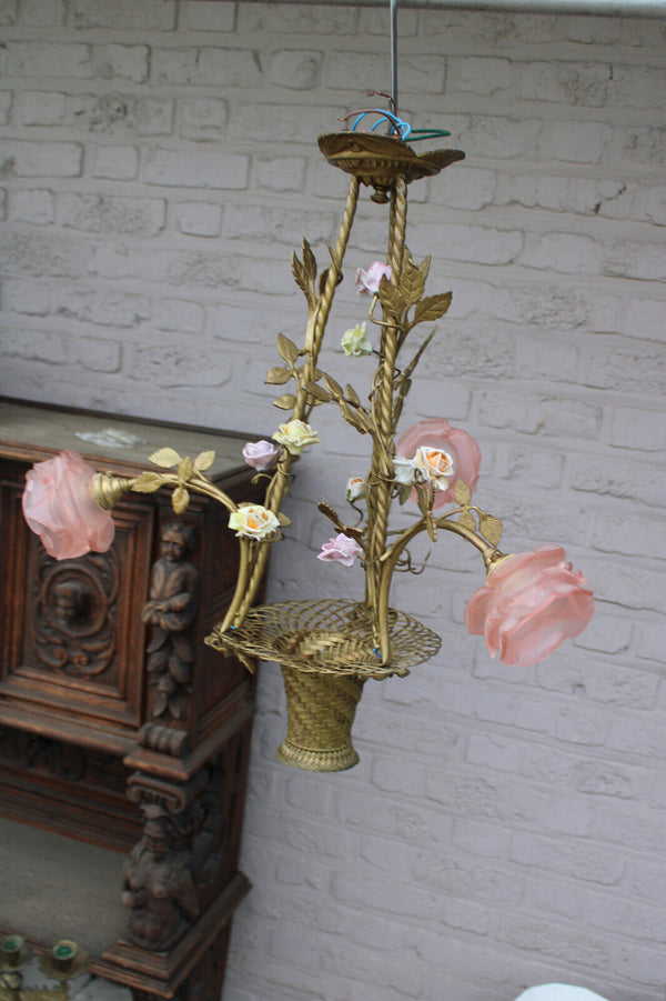 Vintage French brass basket porcelain flowers chandelier pink glass shades rare