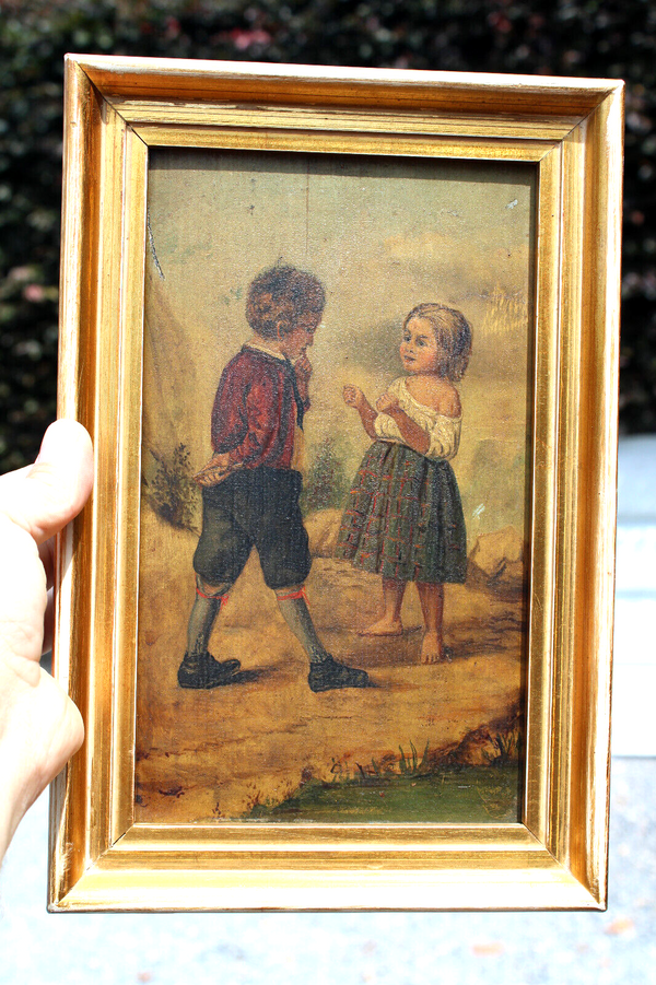 Antique oil panel boy girl painting French school
