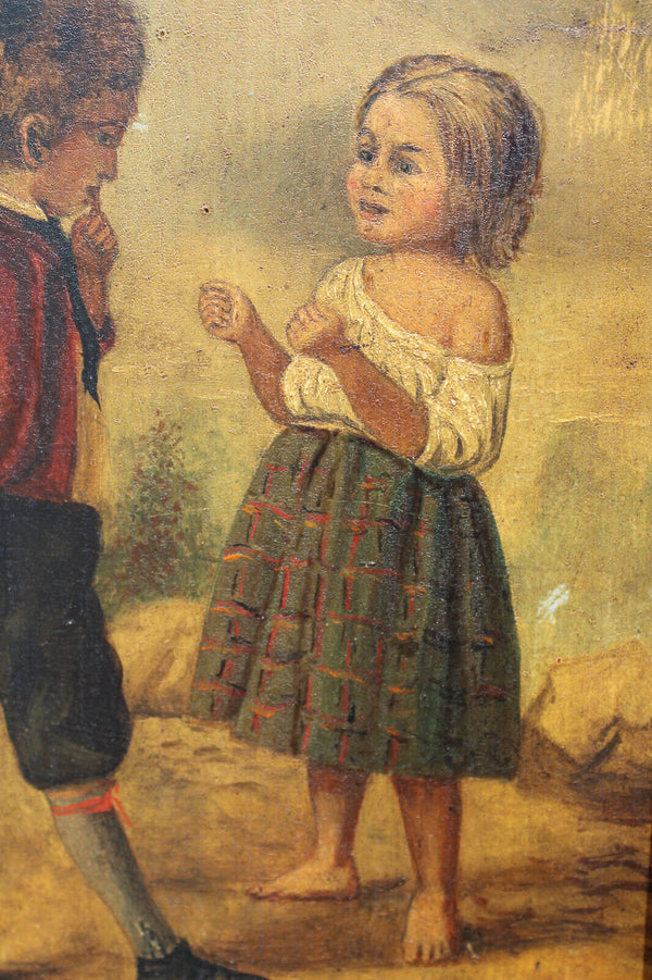 Antique oil panel boy girl painting French school