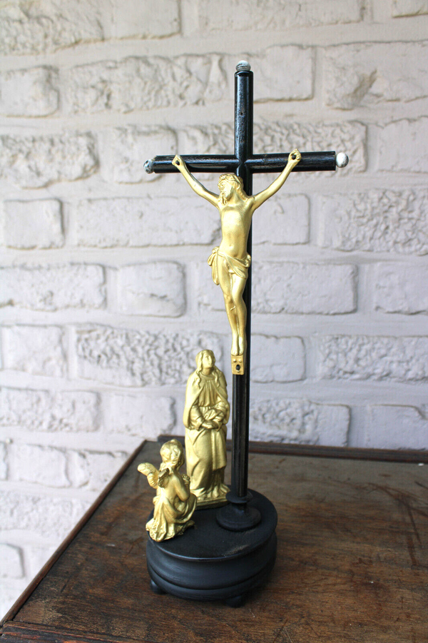 Vintage Wood metal gold gilt crucifix calvary angel