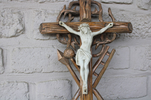 Antique wood carved crucifix bisque porcelain corpus christ