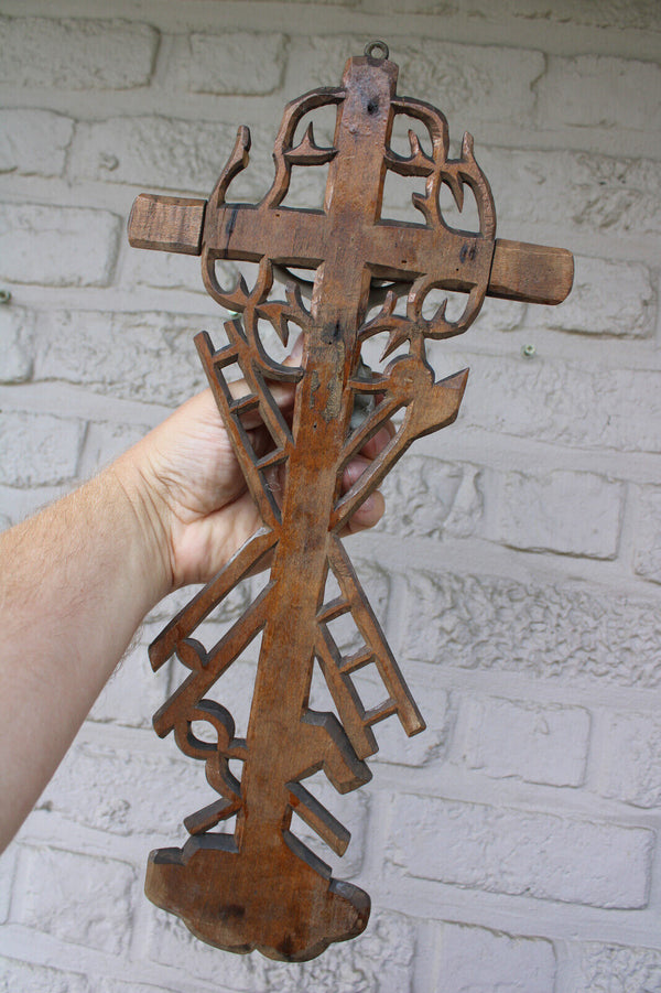 Antique wood carved crucifix bisque porcelain corpus christ