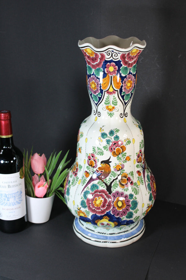 Vintage XL holland delft polychrome floral bird vase signed