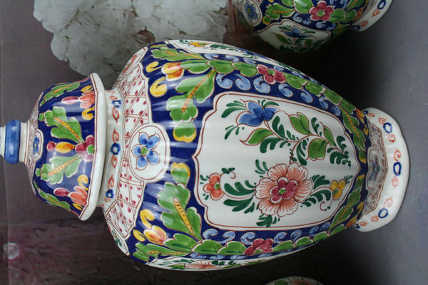Set  3 DELFT polychrome pottery Vases Marked floral decor mantel garniture