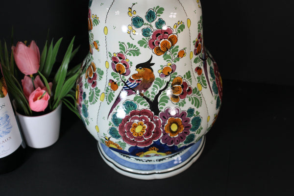 Vintage XL holland delft polychrome floral bird vase signed