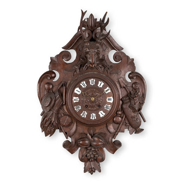 LARGE BLACK FOREST wood carving wall clock deer hunting theme