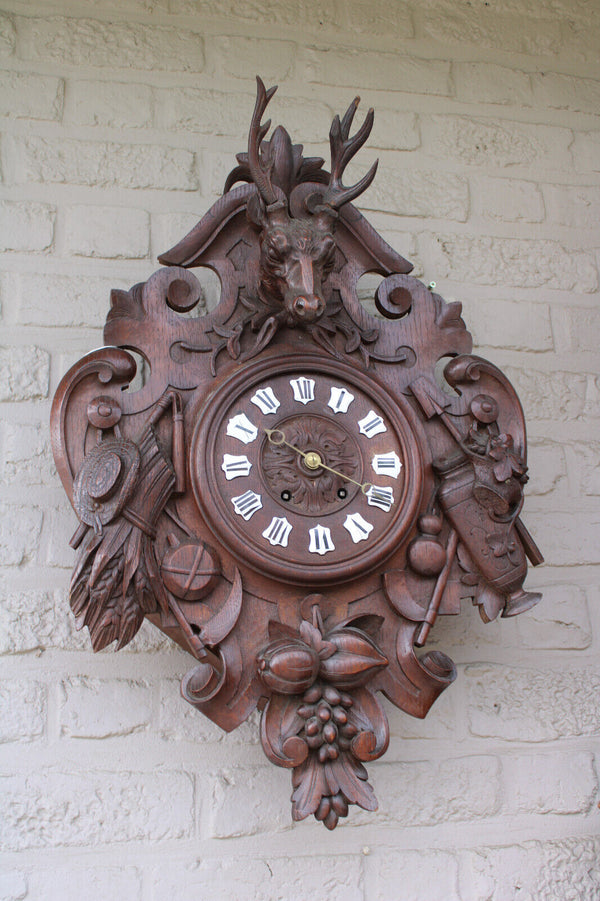 LARGE BLACK FOREST wood carving wall clock deer hunting theme