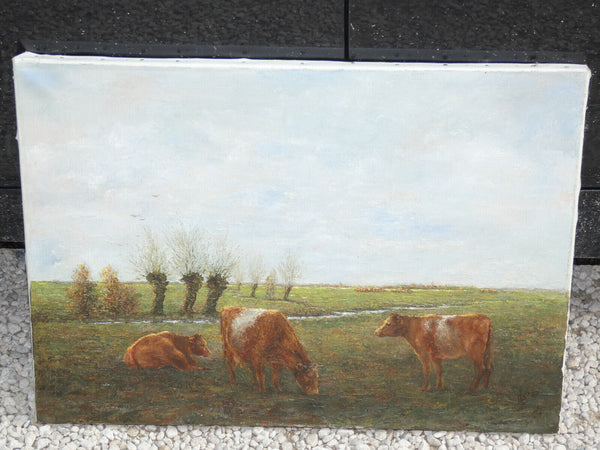 vintage flemish school 1987 oil canvas cows field painting
