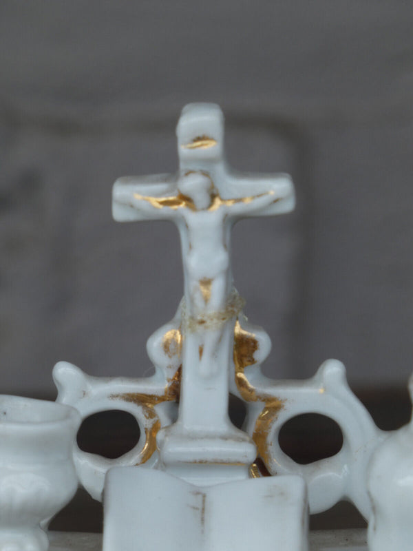 Small antique porcelain altar crucifix trinket box religious