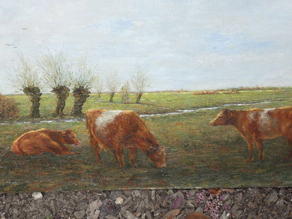 vintage flemish school 1987 oil canvas cows field painting