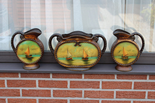 Vintage Ceramic mantel garniture set vases sail boat maritime