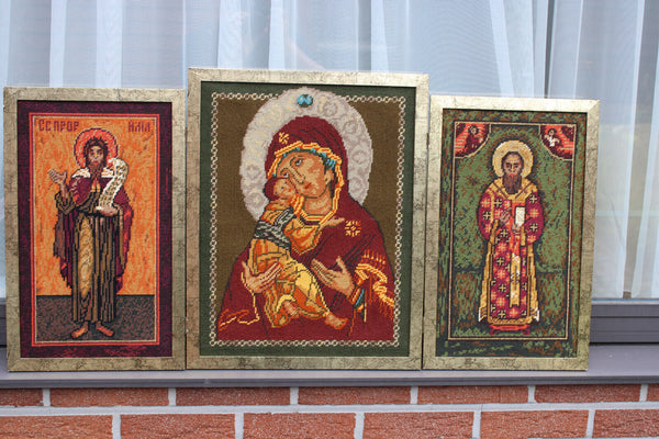 vintage embroidery religious triptych wall panel madonna saints