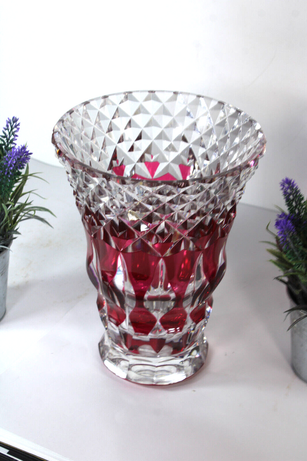 VAL SAINT LAMBERT Ruby red crystal glass cut vase signed