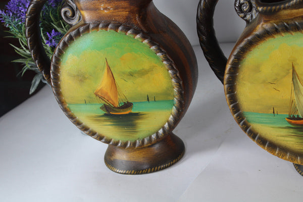 Vintage Ceramic mantel garniture set vases sail boat maritime